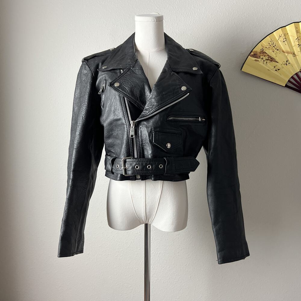 80s vintage tecone black leather moto biker grunge punk rocker cropped jacket